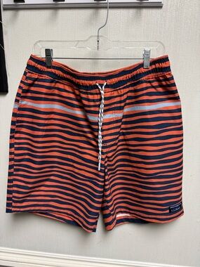 Men's LLBean Orange & Navy Stripe Swim Trunk with Drawstring
